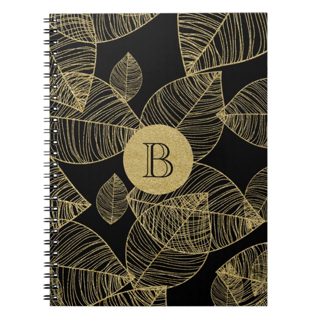 Hojas de Oro en Libreta Elegante de Notas Negra (Frente)