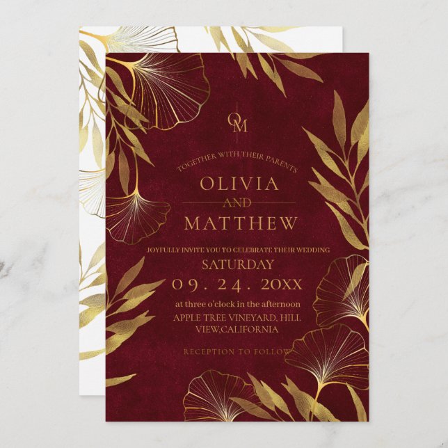 Hojas de oro / Invitación a la boda de Borgoña (Anverso / Reverso)