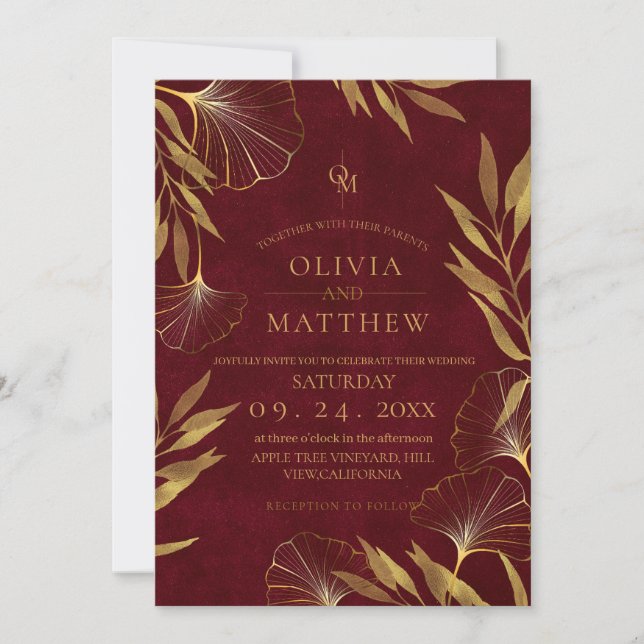 Hojas de oro / Invitación a la Boda de Oro y Borgo (Anverso)