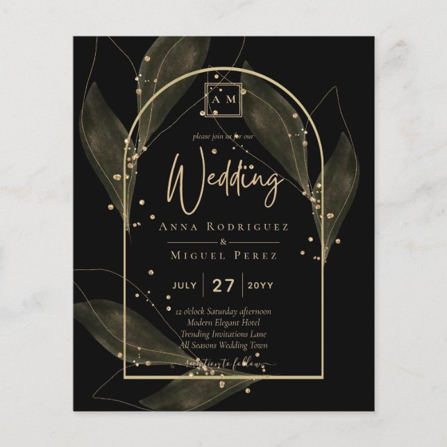 Hojas de oro negro modernas para invitación de bod (Frente)