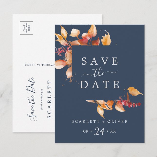 Hojas de otoño | Azul marino Guardar la postal de  (Anverso / Reverso)