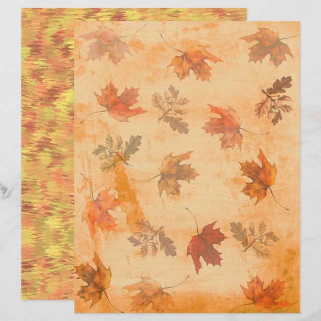 Hojas de otoño en papel de scrapbook con fondo gru (Anverso / Reverso)