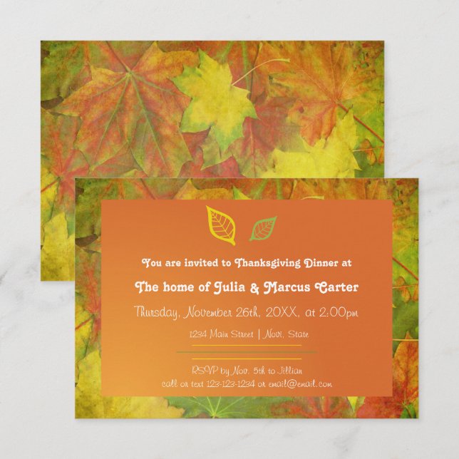Hojas de Otoño - Invitación a Cena de Acción de Gr (Anverso / Reverso)