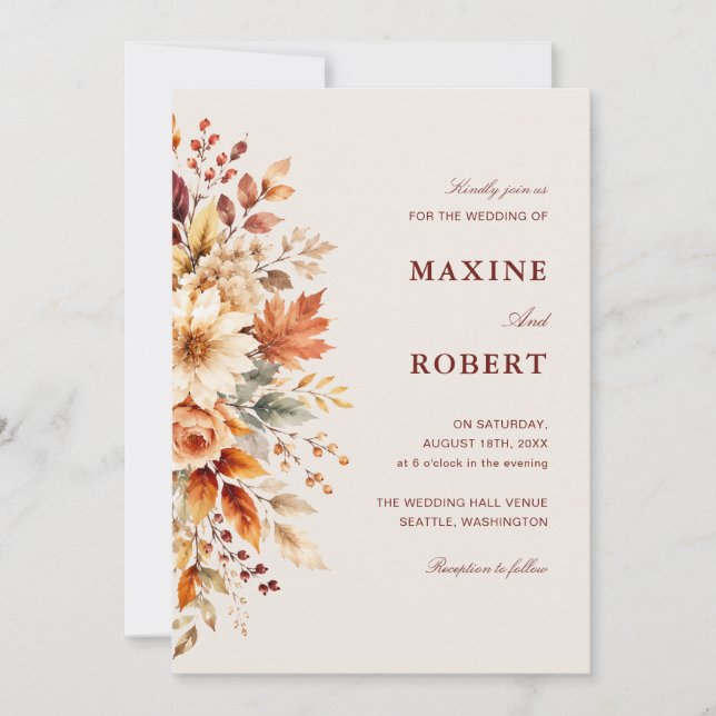 Hojas de Otoño Invitación de Boda con Código QR Bo (Anverso)