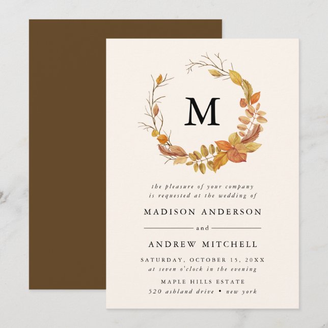 Hojas de Otoño | Invitación de Boda con Monograma (Anverso / Reverso)