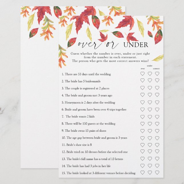 Hojas de otoño: juego de ducha de novia o bajo él (Anverso / Reverso)