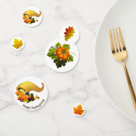 Hojas de otoño sobre confeti de mesa de Acción de 