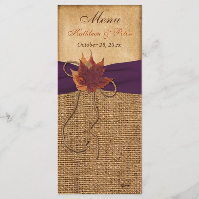Hojas de otoño, tarjeta de menú Boda Burlap de FAU (Anverso)