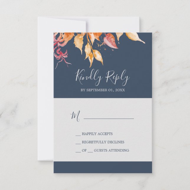 Hojas de otoño | Tarjeta RSVP simple azul marino (Anverso)