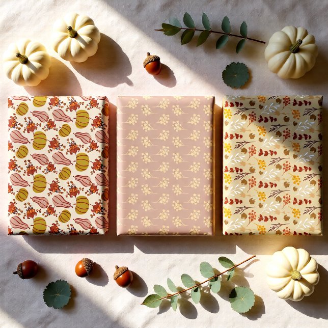 Hojas de otoño y cosecha de calabazas (Autumn Pumpkin and Floral Fall Set of 3 Wrapping Paper Sheets)