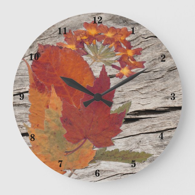 Hojas de otoño y flores en el reloj de la madera (Anverso)