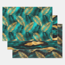 Hojas de Palma Doradas con Abstracto Verde Azulado
