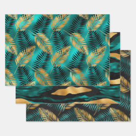 Hojas de Palma Doradas con Abstracto Verde Azulado