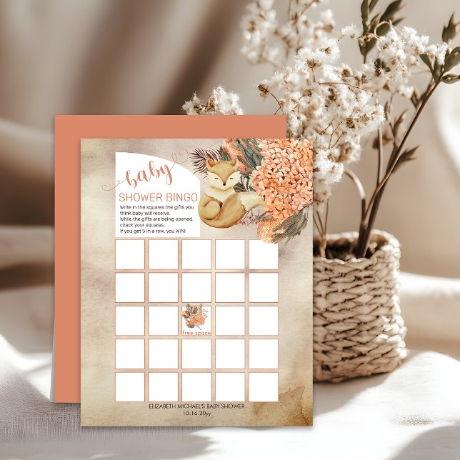 Hojas de palma |Tarjeta de bingo Baby Shower Hydra (Boho Palm Leaves and Hydrangeas Sleeping Fox Baby Shower Bingo Card)
