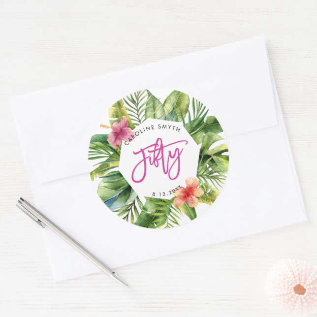 hojas de palma tropicales pegatina de fiesta de 50 (Sobre)