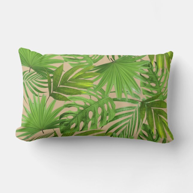 Hojas de Palma Verdes en Almohada Lumbar Beige (Anverso)