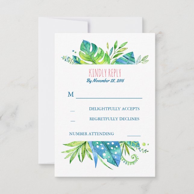 hojas de palmera tropicales playa boda rsvp (Anverso)
