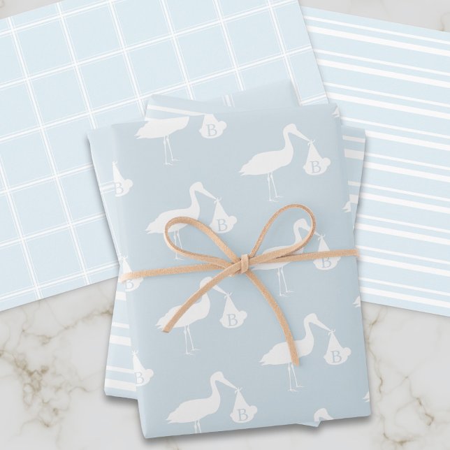 Hojas de papel de ajuste de Baby Shower de Blue Bo (Blue stork themed wrapping paper perfect for baby showers and gender reveals)