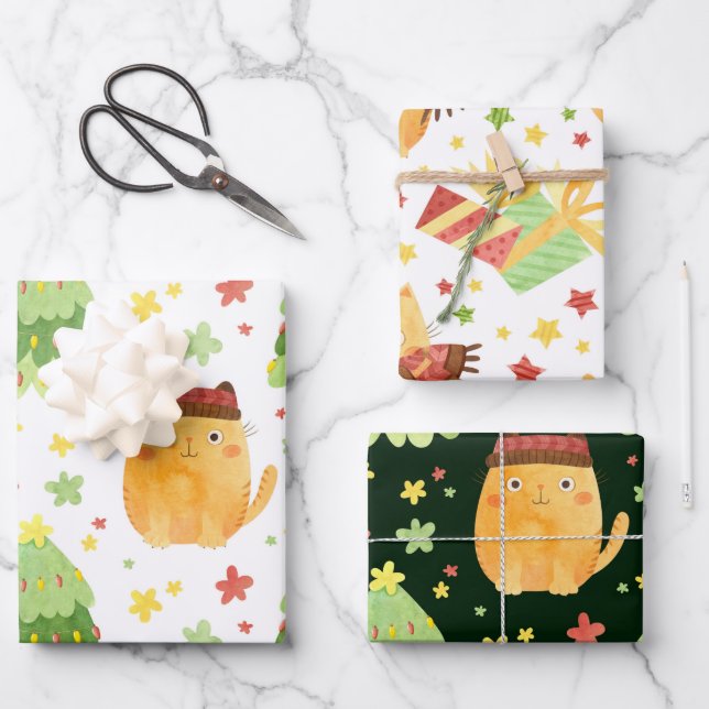 Hojas de papel de ajuste de Navidades de gato (Anverso)