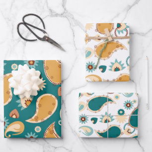 Hojas de papel de ajuste de paisley verde azulada 