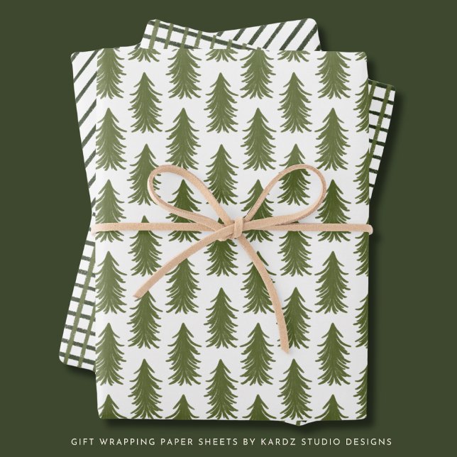 Hojas de papel de ajuste de vacaciones verdes mode (Green trees, stripes and gingham patterns to give your gifts a unique rustic yet modern feeling)