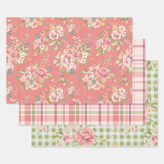 Hojas de papel de envoltura de diseño floral rosa  (Set)