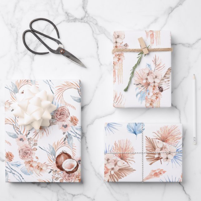 Hojas de papel de envoltura floral tropical boho (Anverso)