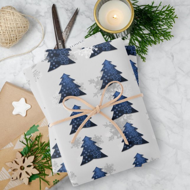 Hojas de papel de envolvimiento de árbol de Navida (Blue Festive Christmas Tree Wrapping Paper Sheets)