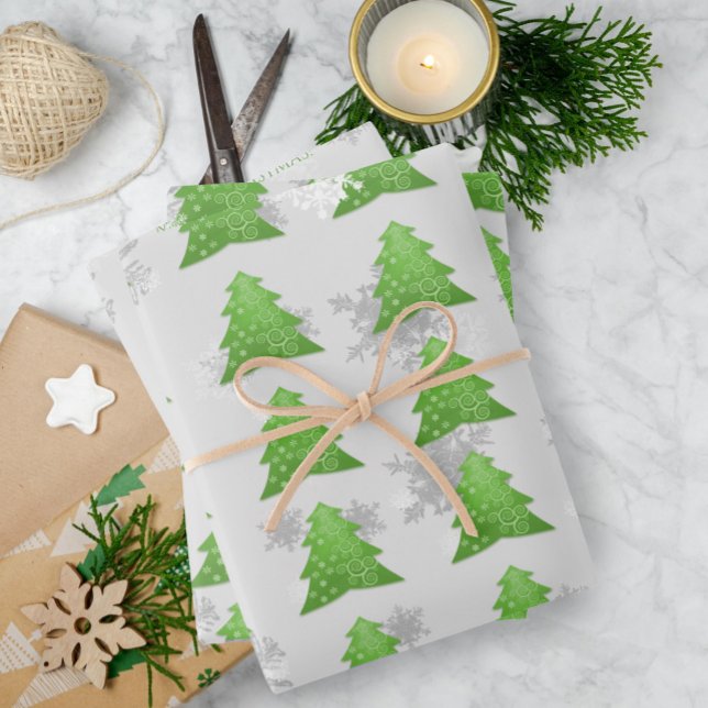 Hojas de papel de envolvimiento de árbol de Navida (Green Festive Christmas Tree Wrapping Paper Sheets)
