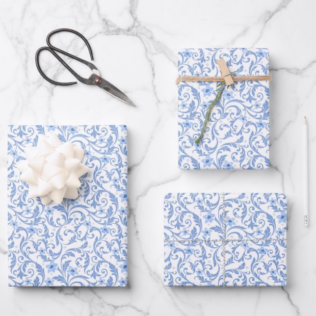 Hojas de papel de envolvimiento de flores azules (Anverso)