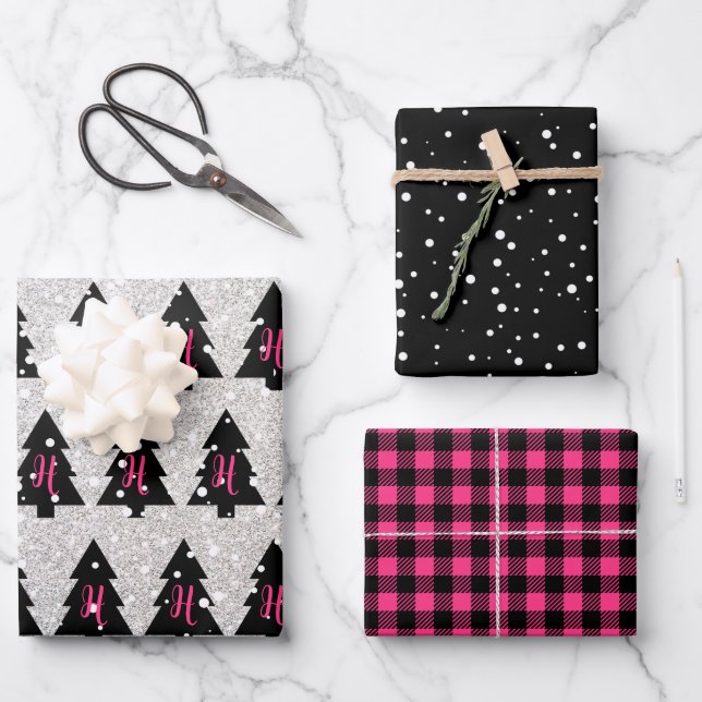 Hojas de papel de envolvimiento de monograma negro (Anverso)