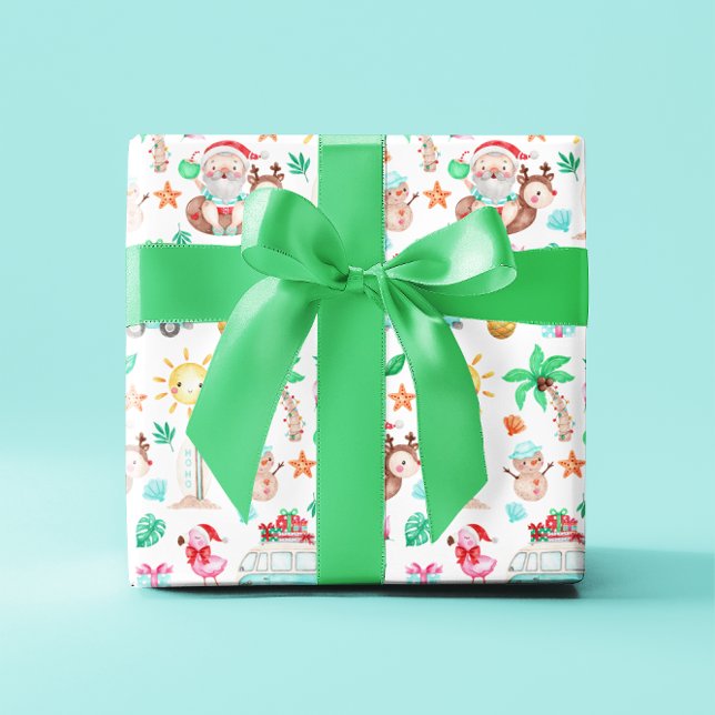 Hojas de papel de envolvimiento de Santa Tropical (Celebrate Christmas in July or from somewhere tropical with these cute Santa wrapping paper sheets! )