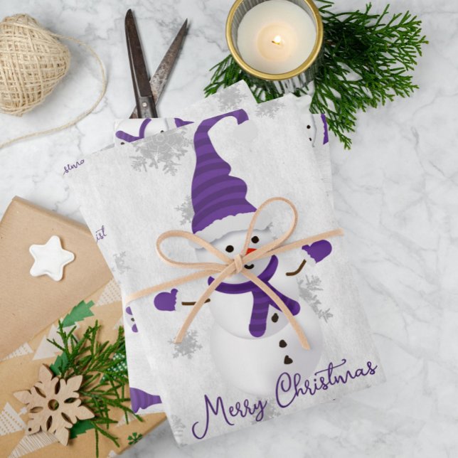Hojas de papel de envolvimiento de Snowman malva (Purple Cute Snowman Wrapping Paper Sheets)