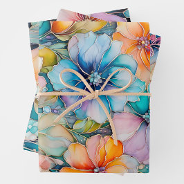 Hojas de papel de envolvimiento de tinta floral co