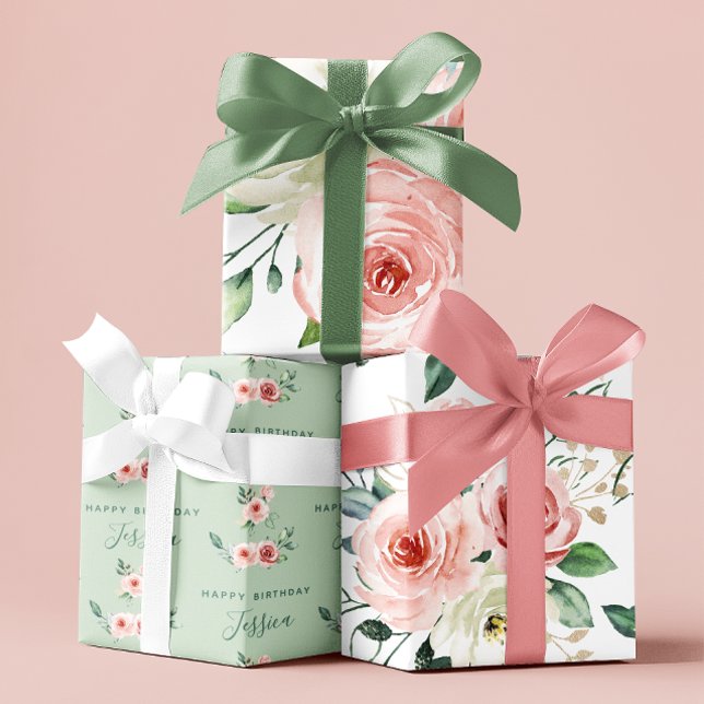 Hojas de papel de regalo de cumpleaños con rosa ro (Celebrate a special birthday with these watercolor pink rose personalized wrapping paper sheets! )