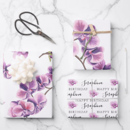 Hojas de papel de regalo de orquídea de cumpleaños