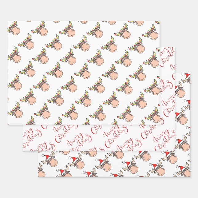 Hojas de Papel de Regalo de Reno Navideño Feliz (Set)