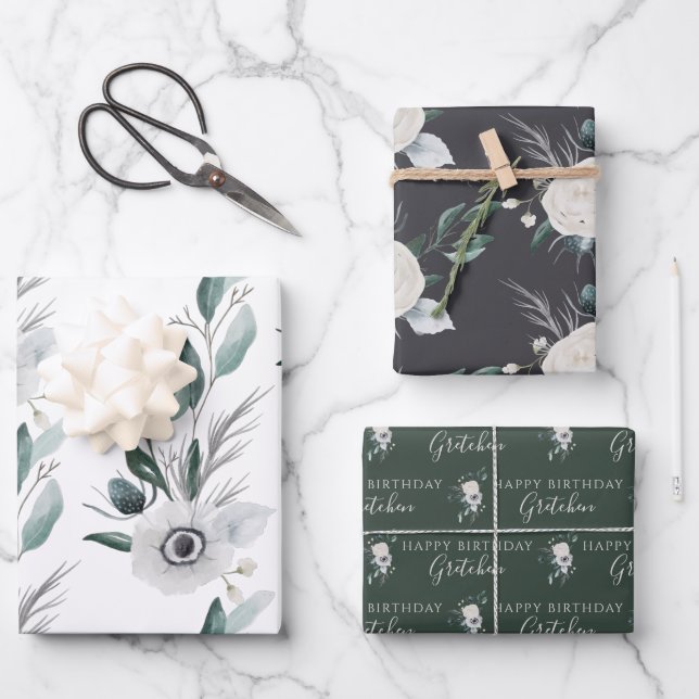 Hojas de papel de regalo floral acuarela de cumple (Anverso)