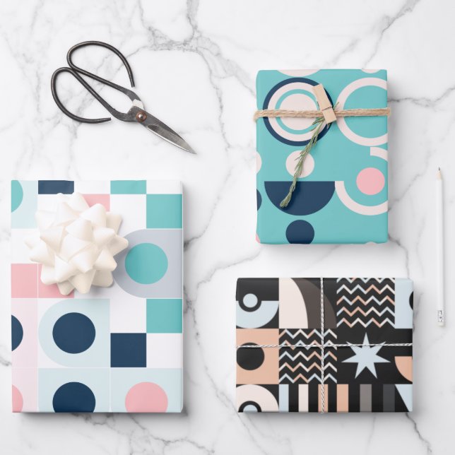 Hojas de papel de regalo geométricas sencillas y e (Anverso)