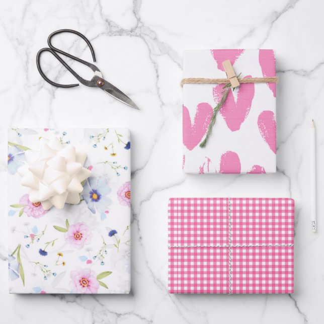Hojas de papel de regalo rosa y blanco (Anverso)