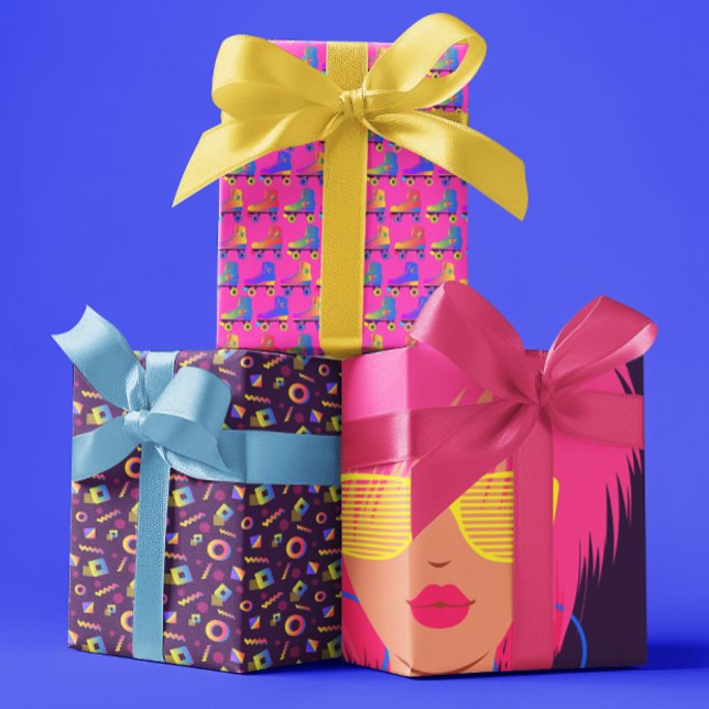 Hojas de papel envolvente de los años 1980 (Celebrate a special 1980's birthday girl with this fun wrapping paper set! )