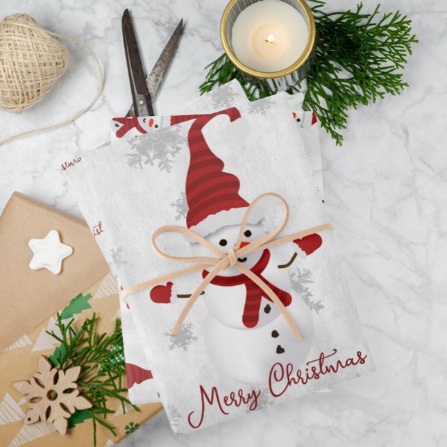 Hojas de papel envueltas de muñeco de nieve de Cut (Red Cute Snowman Wrapping Paper Sheets)