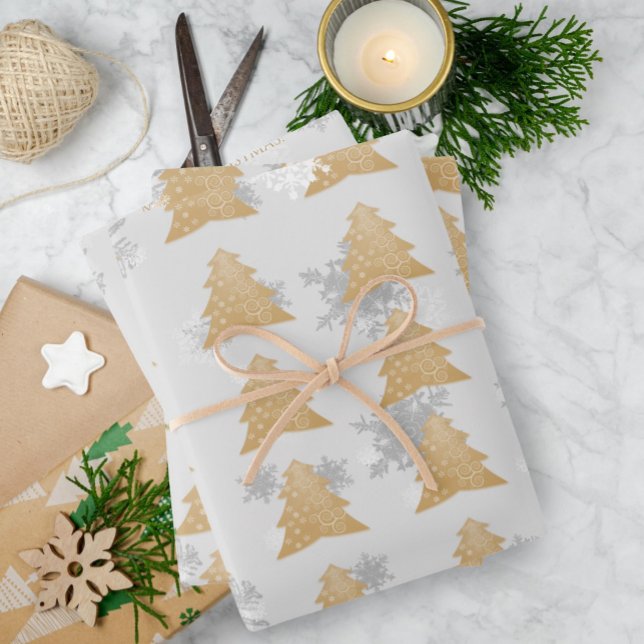 Hojas de papel para envolver árboles de Navidad fe (Gold Festive Christmas Tree Wrapping Paper Sheets)