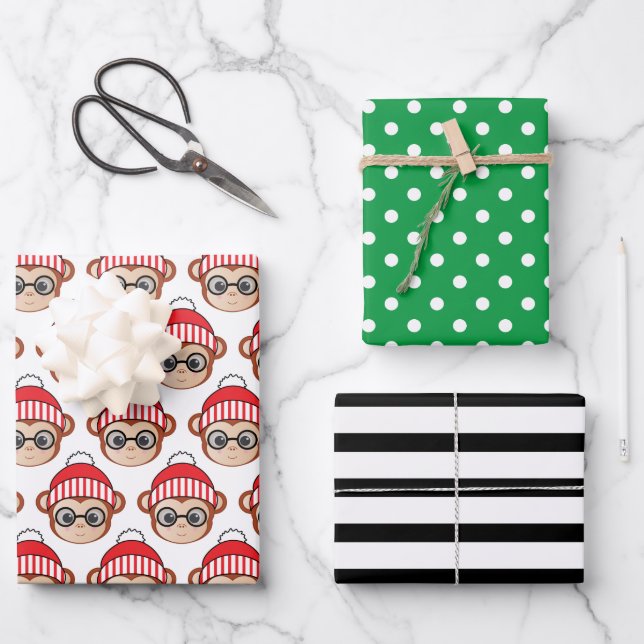Hojas de papel para envolver monos para Navidades  (Anverso)