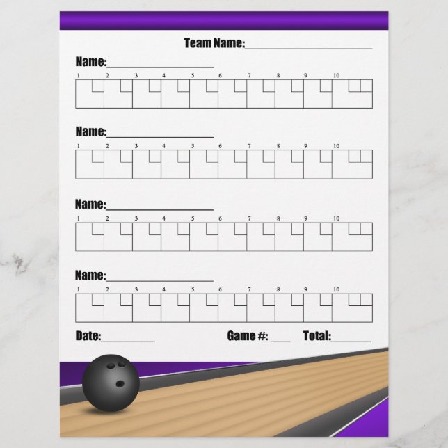 Hojas de puntuación de bolos del equipo morado (Frente)