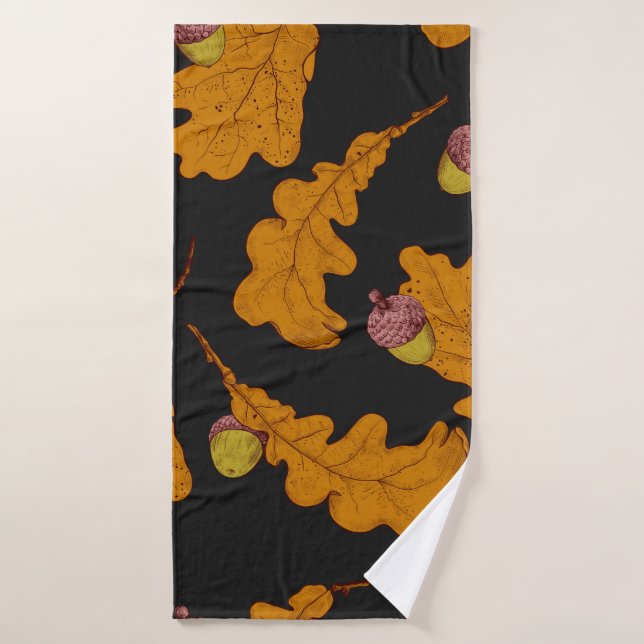 Hojas de roble secas y bellotas. Mano dibujada sin (Toalla de baño)