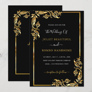 Hojas doradas invitación a la boda enmarcada oro n