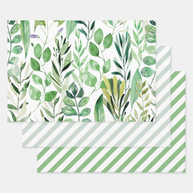 Hojas elegantes de acuarela verde con rayas diagon (Set)