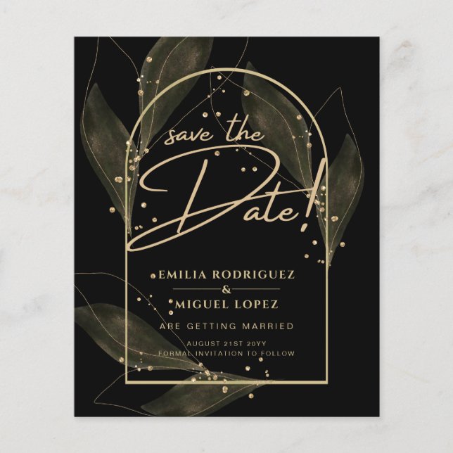 Hojas modernas de oro negro para bodas - Save The  (Frente)