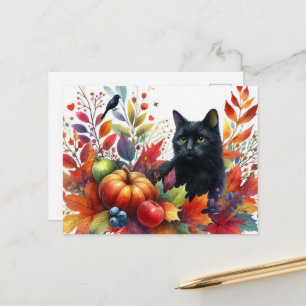 Hojas Naranjas de Otoño y Postal de Gato Negro